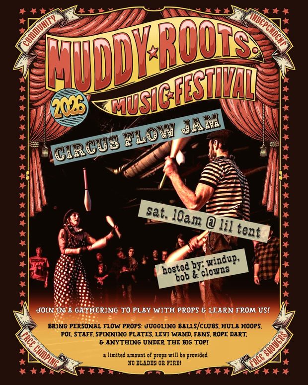 Circus Flow Jam, Saturday 10am at the little tent, hosted by windup, bob and clowns